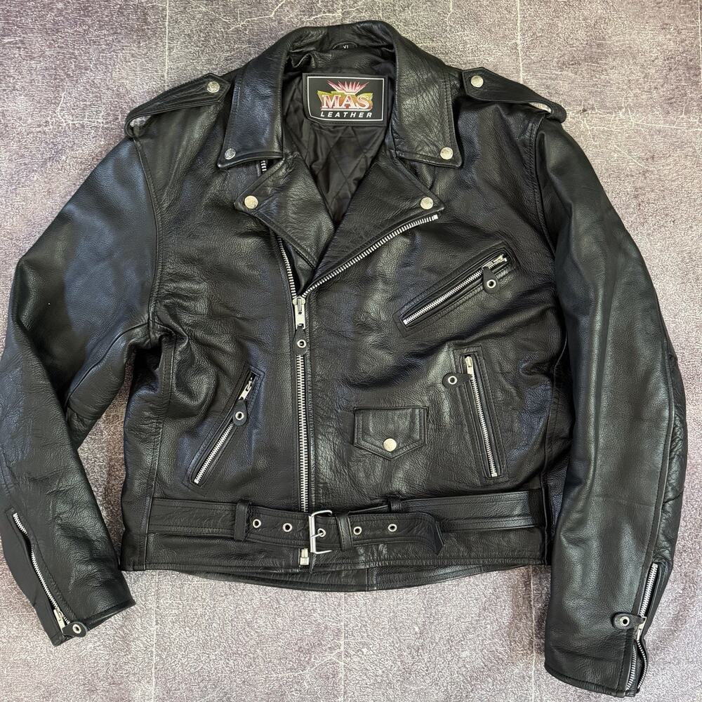 Mens MAS Leather Black Belted Motorcycle Zip Up Quilted Moto Bomber Jacket Sz XL